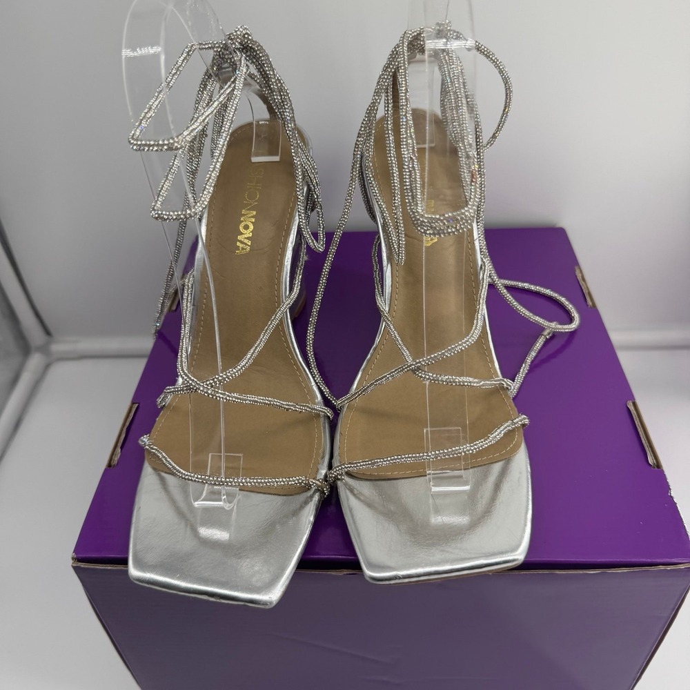 Fashion Nova Twila Silver Metallic Rhinestone Wrap Up Wedge Heels Size 9 - Picture 6 of 12